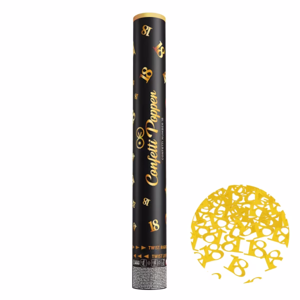 Tun Confetti 18 Ani Majorat Auriu Metalizat Premium 40 cm Tun de confetti premium pentru petrecerea de majorat, incarcat cu decupaje cifra 18 din folie aurie metalizata, lungime 40 cm, declansare sigura prin rasucire.