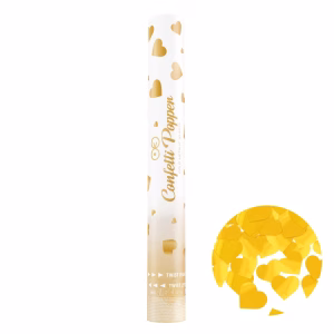 Tun Confetti Inimioare Aurii Metalizate Premium 40 cm Tun de confetti premium incarcat cu inimioare din folie auriu metalizat, lungime 40 cm, declansare prin aer comprimat pentru nunti, logodne si aniversari elegante.