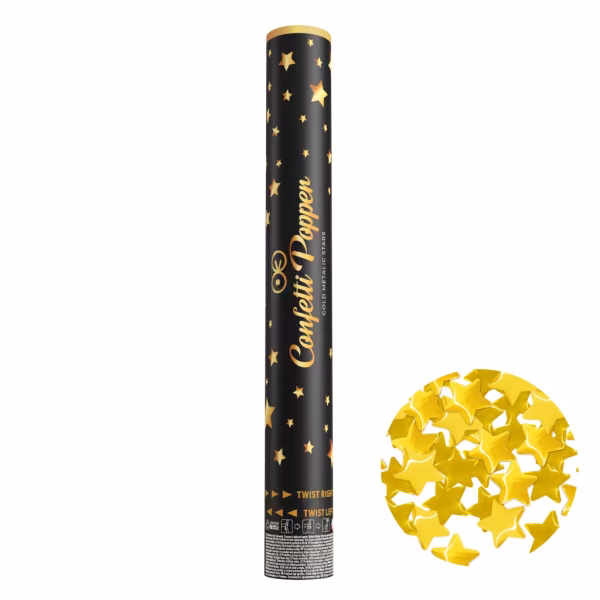 Tun Confetti Stele Aurii Metalizate Premium 40 cm Tun de confetti premium incarcat cu stele din folie aurie metalizata, lungime 40 cm, declansare sigura prin rasucire pentru petreceri si revelion.