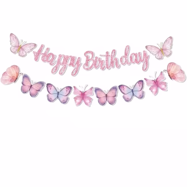Banner dublu de petrecere afișând deasupra textul Happy Birthday roz sclipitor încadrat de doi fluturi și dedesubt o ghirlandă cu șase fluturi în nuanțe pastelate de roz mov și albastru
