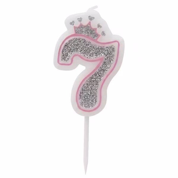 Lumanare Tort Cifra Roz cu Sclipici si Coronita 5.5 cm (Cifre 0-9)Lumanare Tort Cifra Roz cu Sclipici si Coronita 5.5 cm (Cifre 0-9) Lumanari in forma de cifra de culoare roz cu sclipici argintiu si coronita cu tija din plastic