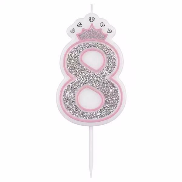 Lumanare Tort Cifra Roz cu Sclipici si Coronita 5.5 cm (Cifre 0-9)Lumanare Tort Cifra Roz cu Sclipici si Coronita 5.5 cm (Cifre 0-9) Lumanari in forma de cifra de culoare roz cu sclipici argintiu si coronita cu tija din plastic