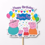 Topper de tort din carton alb ilustrand familia Peppa Pig respectiv Daddy Pig Mummy Pig Peppa si George alaturi de baloane colorate ghirlande confetti si logo-ul Peppa Pig sub mesajul Happy Birthday