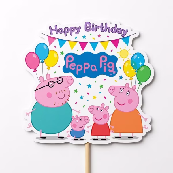 Topper de tort din carton alb ilustrand familia Peppa Pig respectiv Daddy Pig Mummy Pig Peppa si George alaturi de baloane colorate ghirlande confetti si logo-ul Peppa Pig sub mesajul Happy Birthday