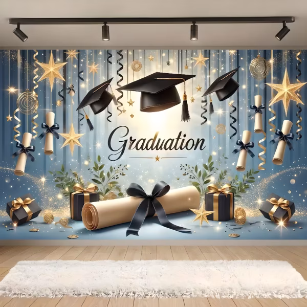 Background Absolvire Textil Premium pentru Poze 160×100 cm (COD 677B) Background decorativ pentru fundal foto din material textil premium, tematica absolvire, ilustrand toci de absolvire, diplome, stele aurii, cadouri si mesajul Graduation, 160x100 cm.