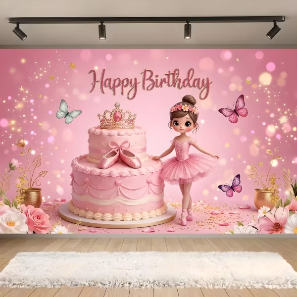 Background Balerina Textil Premium pentru Poze 160x100 cm (COD 681B) Background decorativ pentru fundal foto din material textil premium, tematica balerina, ilustrand o fetita balerina, tort roz etajat, coronita, fluturi si mesajul Happy Birthday pe fundal luminos, 160x100 cm.