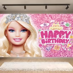 Background Barbie Textil Premium pentru Poze 160x100 cm (COD 669B) Background decorativ pentru fundal foto din material textil premium, tematica Barbie, fundal roz cu sclipici, ilustrand printesa Barbie si mesajul Happy Birthday cu tort si cadouri, 160x100 cm.