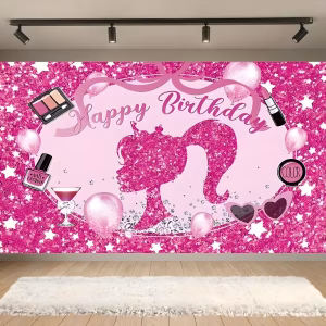 Background Barbie Textil Premium pentru Poze 160×100 cm (COD 674B) Background decorativ pentru fundal foto din material textil premium, tematica Barbie, ilustrand silueta roz cu sclipici a papusii, machiaje, ochelari de soare si mesajul Happy Birthday pe fundal sclipitor, 160x100 cm.