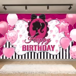 Background Barbie Textil Premium pentru Poze 160×100 cm (COD 675B) Background decorativ pentru fundal foto din material textil premium, tematica Barbie, ilustrand silueta neagra camee cu fundita, dungi alb cu negru, draperii, baloane roz si mesajul Happy Birthday, 160x100 cm.
