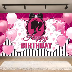 Background Barbie Textil Premium pentru Poze 160×100 cm (COD 675B) Background decorativ pentru fundal foto din material textil premium, tematica Barbie, ilustrand silueta neagra camee cu fundita, dungi alb cu negru, draperii, baloane roz si mesajul Happy Birthday, 160x100 cm.