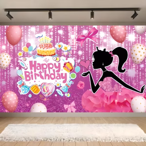 Background Barbie Textil Premium pentru Poze 160×100 cm (COD 676B) Background decorativ pentru fundal foto din material textil premium, tematica Barbie, ilustrand silueta neagra a papusii in rochie roz, baloane si mesajul Happy Birthday cu dulciuri pe fundal sclipitor, 160x100 cm.
