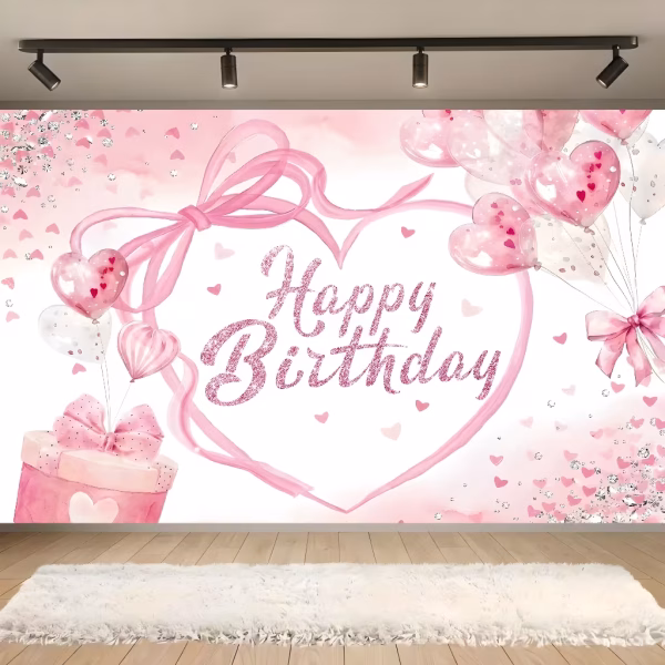 Background Textil Arcada Happy Birthday 160x100 cm (COD 682B) Background decorativ pentru fundal foto din material textil premium, tematica aniversara, ilustrand o inima mare din panglica roz, baloane translucide, un cadou cu funda si mesajul Happy Birthday din sclipici, 160x100 cm.