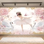 Background Textil Arcada Happy Birthday 160x100 cm (COD 685B) Background decorativ pentru fundal foto din material textil premium, tematica balet, ilustrand o balerina in tutu alb, doua lebede gratioase, flori mari de trandafir roz, un fluture si sclipici auriu, 160x100 cm.