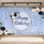 Background Textil Arcada Happy Birthday 160x100 cm (COD 683B) Background decorativ pentru fundal foto din material textil premium, tematica aniversara, fundal albastru cu sclipici, arcada rotunda aurie, trandafiri navy si roz, diamante, 160x100 cm.
