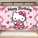 Background Textil Arcada Hello Kitty 160x100 cm (COD 686B) Background decorativ pentru fundal foto din material textil premium, tematica Hello Kitty, ilustrand pisicuta tinand o inima, fundal roz cu dungi si buline albe, cadouri, fundite si mesajul Happy Birthday, 160x100 cm.