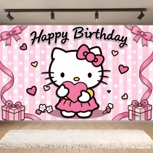 Background Textil Arcada Hello Kitty 160x100 cm (COD 686B) Background decorativ pentru fundal foto din material textil premium, tematica Hello Kitty, ilustrand pisicuta tinand o inima, fundal roz cu dungi si buline albe, cadouri, fundite si mesajul Happy Birthday, 160x100 cm.