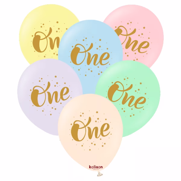 Baloane Latex Macaron One - 1 an 30 cm Kalisan - Set 10 Baloane Set 10 baloane latex imprimate calitate profesionala partybaloane culori pastel macaron design text mesaj one 1 an prima aniversare auriu gold stele dimensiune 30 cm 12 inch marca Kalisan
