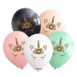 Baloane Latex Unicorn Mix 30cm Kalisan - Set 10 Baloane Set 10 baloane latex imprimate calitate profesionala partybaloane mix culori pastel pastelate alb negru roz menta piersica design unicorn auriu gold coronita flori dimensiune 30 cm 12 inch marca Kalisan