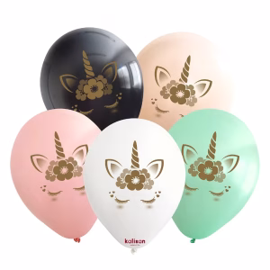 Baloane Latex Unicorn Mix 30cm Kalisan - Set 10 Baloane Set 10 baloane latex imprimate calitate profesionala partybaloane mix culori pastel pastelate alb negru roz menta piersica design unicorn auriu gold coronita flori dimensiune 30 cm 12 inch marca Kalisan