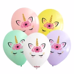 Baloane din latex 30 cm imprimeu Unicorn - Set 10 Baloane Set 10 baloane latex calitate premium partybaloane culori asortate pastel roz galben verde menta alb mov lila imprimeu unicorn corn auriu coronita flori dimensiune 30 cm 12 inch marca Kalisan