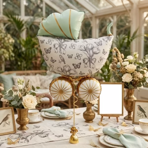 Balon Folie Figurina Carucior Vintage Verde 92 cm Balon din folie premium in forma de figurina carucior vintage verde menta cu imprimeu floral fluturi si roti aurii dimensiune 92x63 cm.