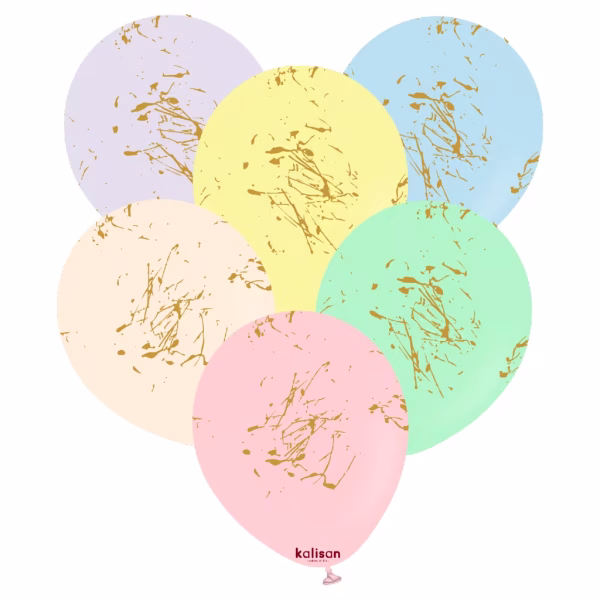 Set 10 Baloane latex Splatter Macaron Kalisan 30 cm Set 10 baloane latex calitate premium partybaloane mix culori pastelate macaron lila galben albastru piersica verde roz imprimeu abstract arta stropi vopsea auriu gold splatter dimensiune 30 cm 12 inch marca Kalisan