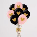 Set 10 baloane cu inima Kalisan - 30 cm Set 10 baloane latex calitate premium partybaloane mix culori negru si roz deschis pastel imprimeu inima aurie gold heart romantism dimensiune 30 cm 12 inch marca Kalisan