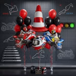 Set 24 Baloane Folie si Latex Motociclete, Casca si Jalon Buchet 24 baloane premium aranjament motociclete de curse casca moto jalon trafic rosu cu alb si baloane latex rosu cu negru pentru decoratiuni petreceri curse.