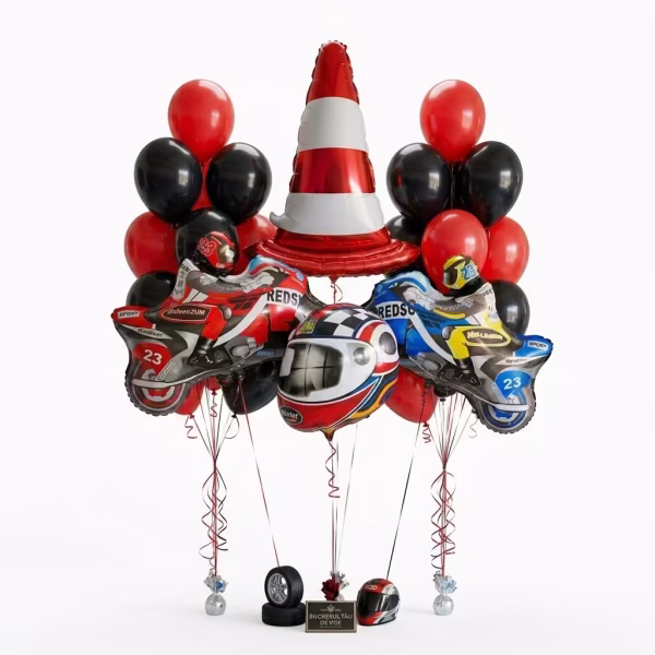Set 24 Baloane Folie si Latex Motociclete, Casca si Jalon Buchet 24 baloane premium aranjament motociclete de curse casca moto jalon trafic rosu cu alb si baloane latex rosu cu negru pentru decoratiuni petreceri curse.