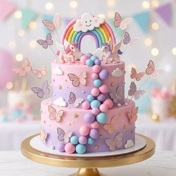 Set 30 Toppere Tort Unicorni 3D Curcubeu Bile si Fluturi - COD 172 set 30 toppere tort unicorni 3d curcubeu bile fluturi decoratiuni petrecere fete magie pastel