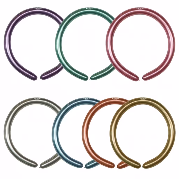 Set 50 baloane latex modelaj Mirror Multicolor Kalisan 260Q Set baloane lungi modelaj 260 din latex calitate profesionala finisaj cromat lucios efect oglinda mirror multicolor culori asortate marca Kalisan