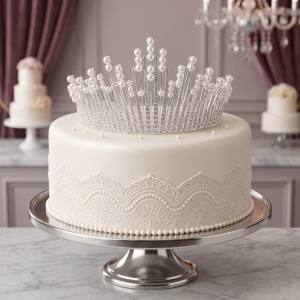 Topper Tort Coronita Metalica Argintie cu Perle si Strasuri 13 cm topper tort coronita metalica argintie perle strasuri decoratiuni nunta botez regal lux printesa