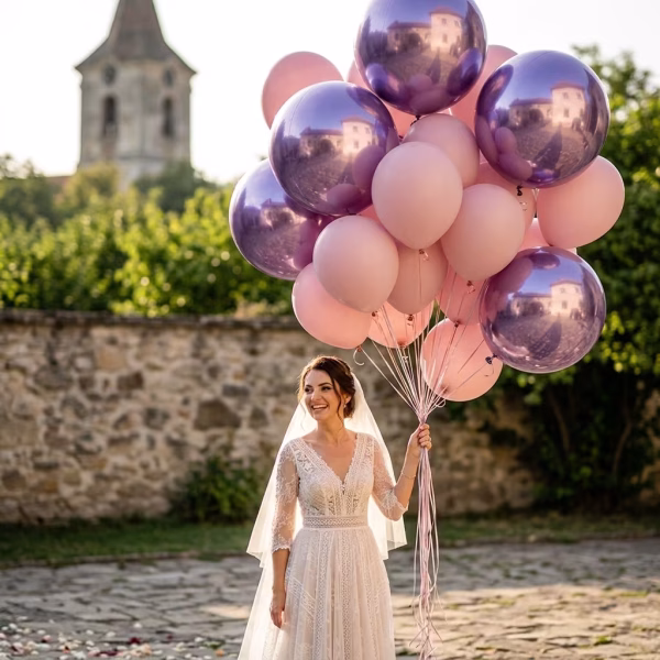 Mireasa tinand un buchet masiv din baloane gigant jumbo Kalisan 60 cm 24 inch in nuante roz pastel si mov metalizat cromat pentru nunti de lux