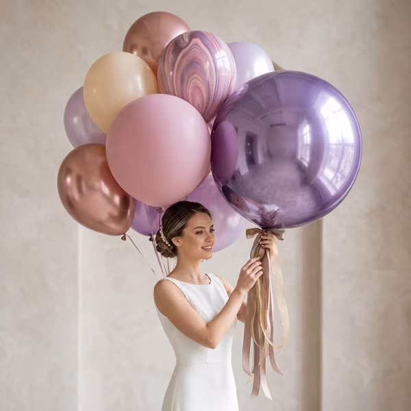 Mireasa eleganta tinand un buchet monumental cu un balon gigant jumbo Kalisan 90 cm 36 inch mov oglinda metalizat pentru decoruri nunti de lux
