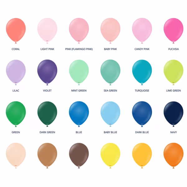 paleta-culori-seturi-baloane-latex-kalisan-13-cm Paleta completa de culori pentru seturi baloane mini din latex marca Kalisan dimensiunea 13 cm, incluzand nuante pastelate, vibrante si pamantii pentru arcade organice