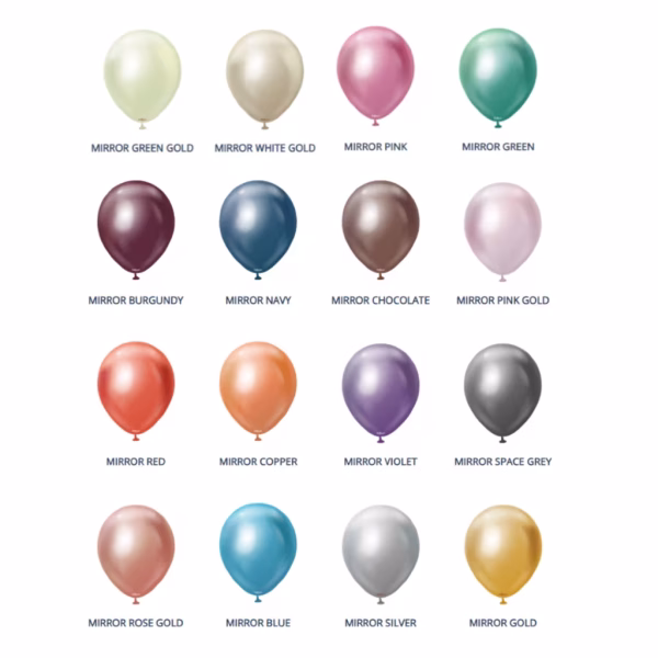 Paleta Culori Seturi Baloane Latex Mirror Kalisan 13 cm Catalog paleta completa de 16 culori pentru seturi baloane mini din latex finisaj cromat lucios efect oglinda mirror marca Kalisan dimensiunea 13 cm 5 inch