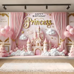 Background Textil Arcada Princess 210x130 cm (COD 688B) Background decorativ din material textil premium, tematica Princess, ilustrand un castel roz 3D, norisori pufosi, draperii roz, stele aurii si mesajul Happy Birthday Princess, 210x130 cm.