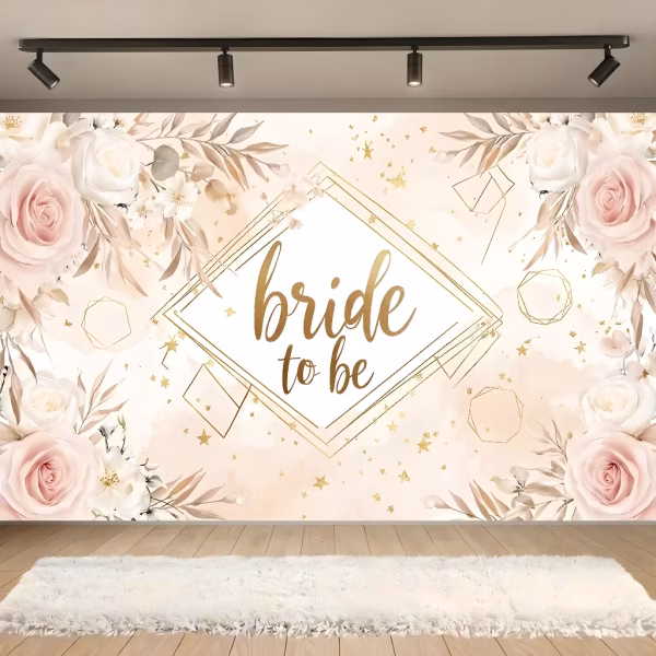 Background Textil Bride to Be 160x100 cm (COD 696B) Background decorativ din material textil premium, tematica petrecerea burlacitelor, ilustrand trandafiri roz pudrat, un romb geometric auriu, stele aurii sclipitoare si textul bride to be, 160x100 cm.