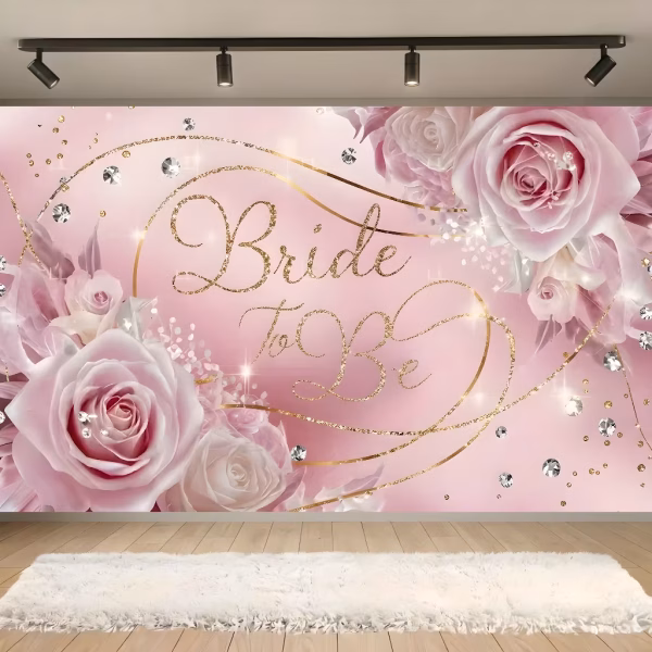 Background Textil Bride to Be 160x100 cm (COD 697B) Background decorativ din material textil premium, tematica petrecerea burlacitelor bridal shower, ilustrand trandafiri roz si albi, diamante stralucitoare, linii aurii fluide si textul Bride To Be cu efect de sclipici, 160x100 cm.