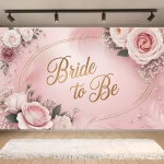 Background Textil Bride to Be 160x100 cm (COD 698B) Background decorativ din material textil premium, tematica petrecerea burlacitelor, ilustrand trandafiri roz si albi, pene fine roz, diamante, un oval auriu si textul Bride to Be, 160x100 cm.