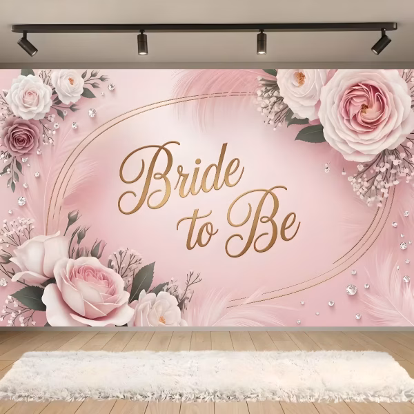 Background Textil Bride to Be 160x100 cm (COD 698B) Background decorativ din material textil premium, tematica petrecerea burlacitelor, ilustrand trandafiri roz si albi, pene fine roz, diamante, un oval auriu si textul Bride to Be, 160x100 cm.