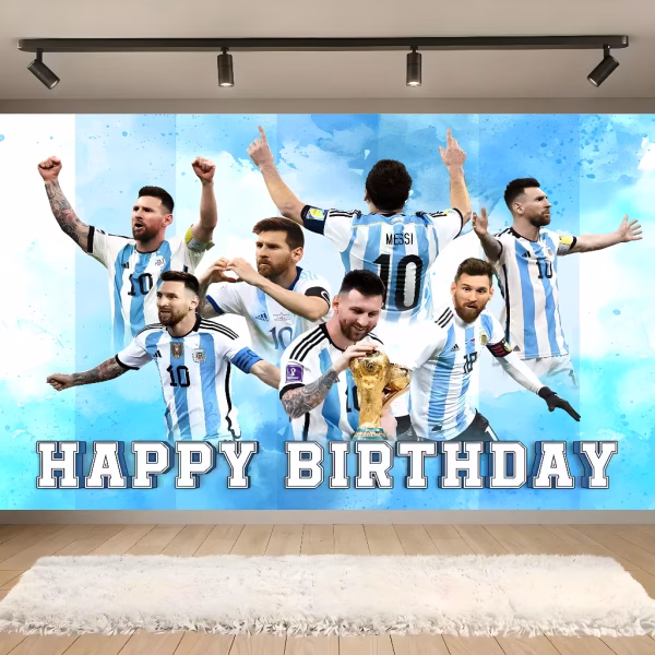 Background Textil Messi Happy Birthday 160x100 cm COD 713B Background textil premium pentru arcada cu tematica fotbal colaj Lionel Messi Argentina cu trofeul Cupei Mondiale si mesajul Happy Birthday.