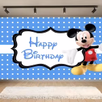 Background Textil Mickey mouse 160x100 cm (COD 704B) Background decorativ din material textil premium, tematica Mickey Mouse, ilustrand personajul 3D pe un fundal albastru cu buline albe si textul Happy Birthday in cadru elegant, 160x100 cm.