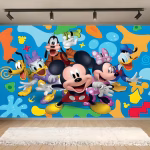 Background Textil Mickey Mouse 160x100 cm (COD 708B) Background decorativ din material textil premium, tematica Mickey Mouse, ilustrand personajul impreuna cu Minnie, Donald, Daisy, Goofy si Pluto pe un fundal albastru plin de forme colorate abstracte, 160x100 cm.