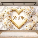 Background Textil Mr si Mrs 160×100 cm (COD 701B) Background decorativ din material textil premium, tematica nunta si cununie, ilustrand un fundal de matase alba, o inima masiva din sclipici auriu, trandafiri albi, confetti auriu si textul Mr & Mrs, 160x100 cm.