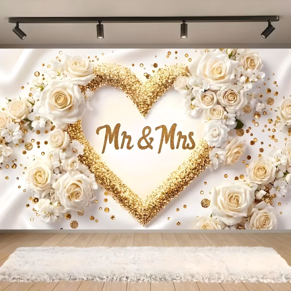 Background Textil Mr si Mrs 160×100 cm (COD 701B) Background decorativ din material textil premium, tematica nunta si cununie, ilustrand un fundal de matase alba, o inima masiva din sclipici auriu, trandafiri albi, confetti auriu si textul Mr & Mrs, 160x100 cm.