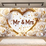 Background Textil Mr si Mrs 160×100 cm (COD 702B) Background decorativ din material textil premium, tematica nunta si cununie, ilustrand un fundal acoperit de trandafiri albi 3D, o inima aurie stralucitoare, inimioare mici si textul Mr & Mrs, 160x100 cm.