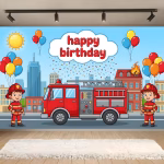 Background Textil Pompieri 160x100 cm (COD 689B) Background decorativ din material textil premium, tematica pompieri, ilustrand o masina de pompieri rosie, doi baieti pompieri, o cladire in flacari, baloane si mesajul happy birthday, 160x100 cm.