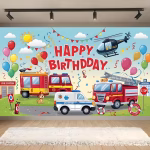 Background Textil Pompieri 160x100 cm (COD 690B) Background decorativ din material textil premium, tematica echipe de salvare, ilustrand masini de pompieri, ambulanta, elicopter de politie, un catel salvator, baloane si mesajul happy birthday, 160x100 cm.