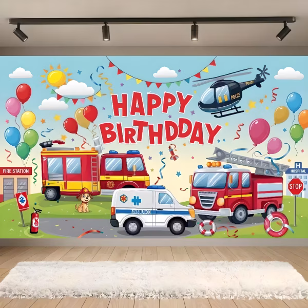 Background Textil Pompieri 160x100 cm (COD 690B) Background decorativ din material textil premium, tematica echipe de salvare, ilustrand masini de pompieri, ambulanta, elicopter de politie, un catel salvator, baloane si mesajul happy birthday, 160x100 cm.